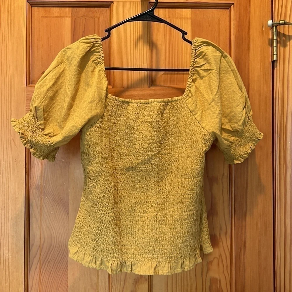 Madewell Yellow Lucie Puff-Sleeve Smocked Bodice Short Sleeve Top Size Small